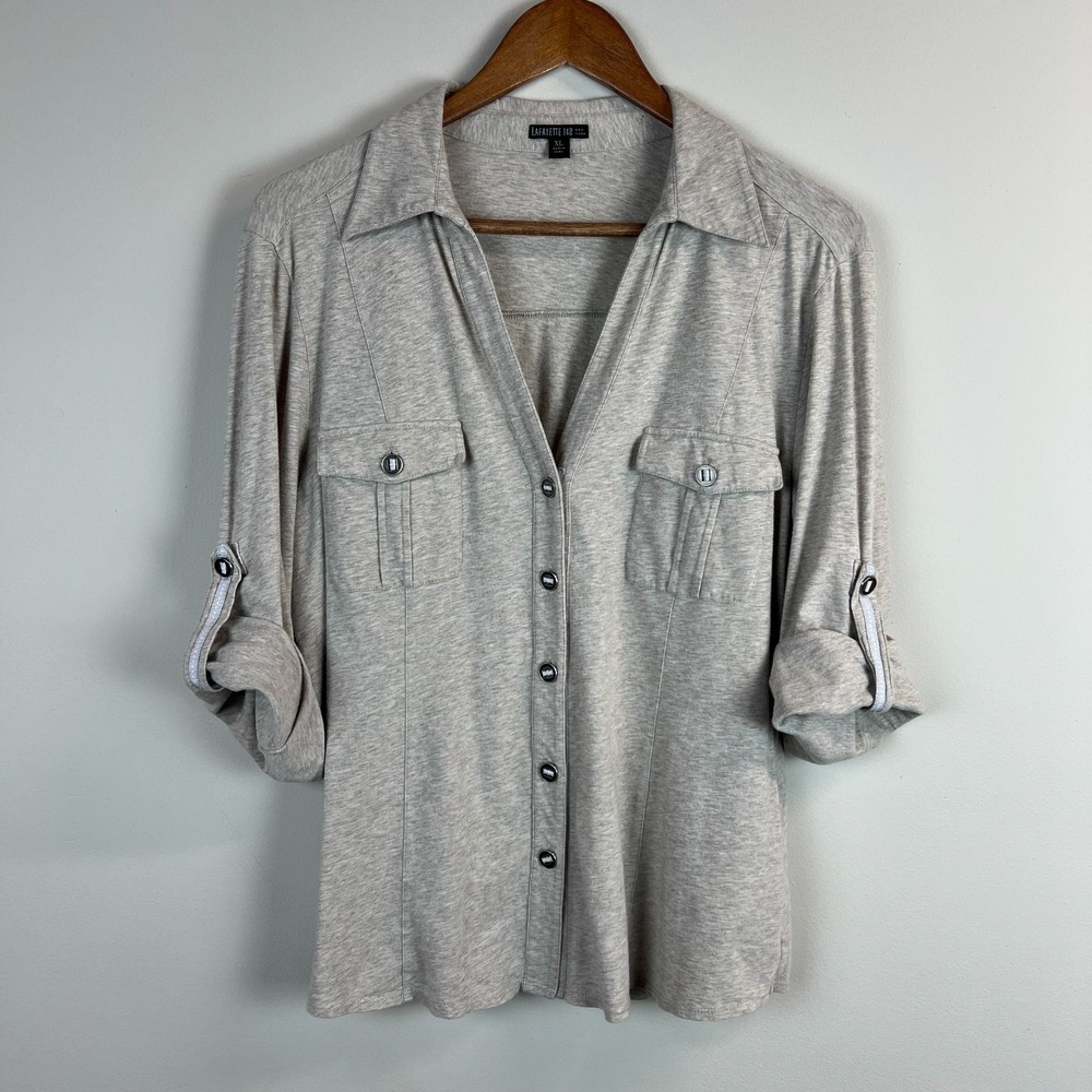Lafayette 148 Top Womens XL Beige 3/4 Roll Tap Button Up Collared V-Neck‎ Cotton